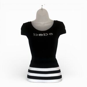 Bebe Swarovski Crystal logo Sweater Short Sleeve Top! Black/White, SMALL, EUC!